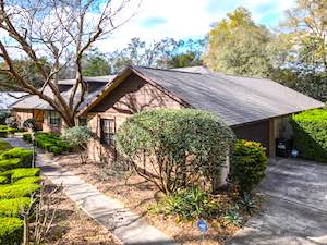 Drone roof level of garage, shrubs